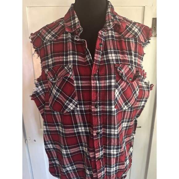 Nutexrol Red Plaid Sleeveless Frayed Flannel Shirt Snap Closure Unisex Sz M - Picture 2 of 5
